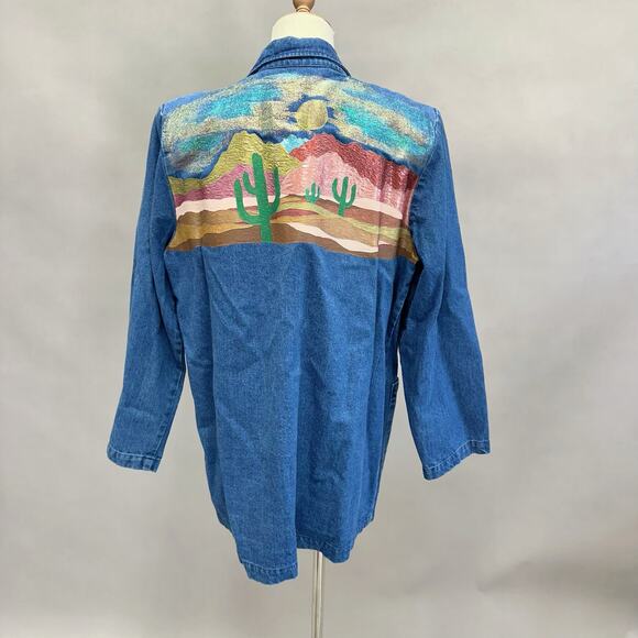 Vintage Hand Painted Denim Jacket Southwestern Desert Scene Cactus 90s Size 14 - Picture 1 of 13